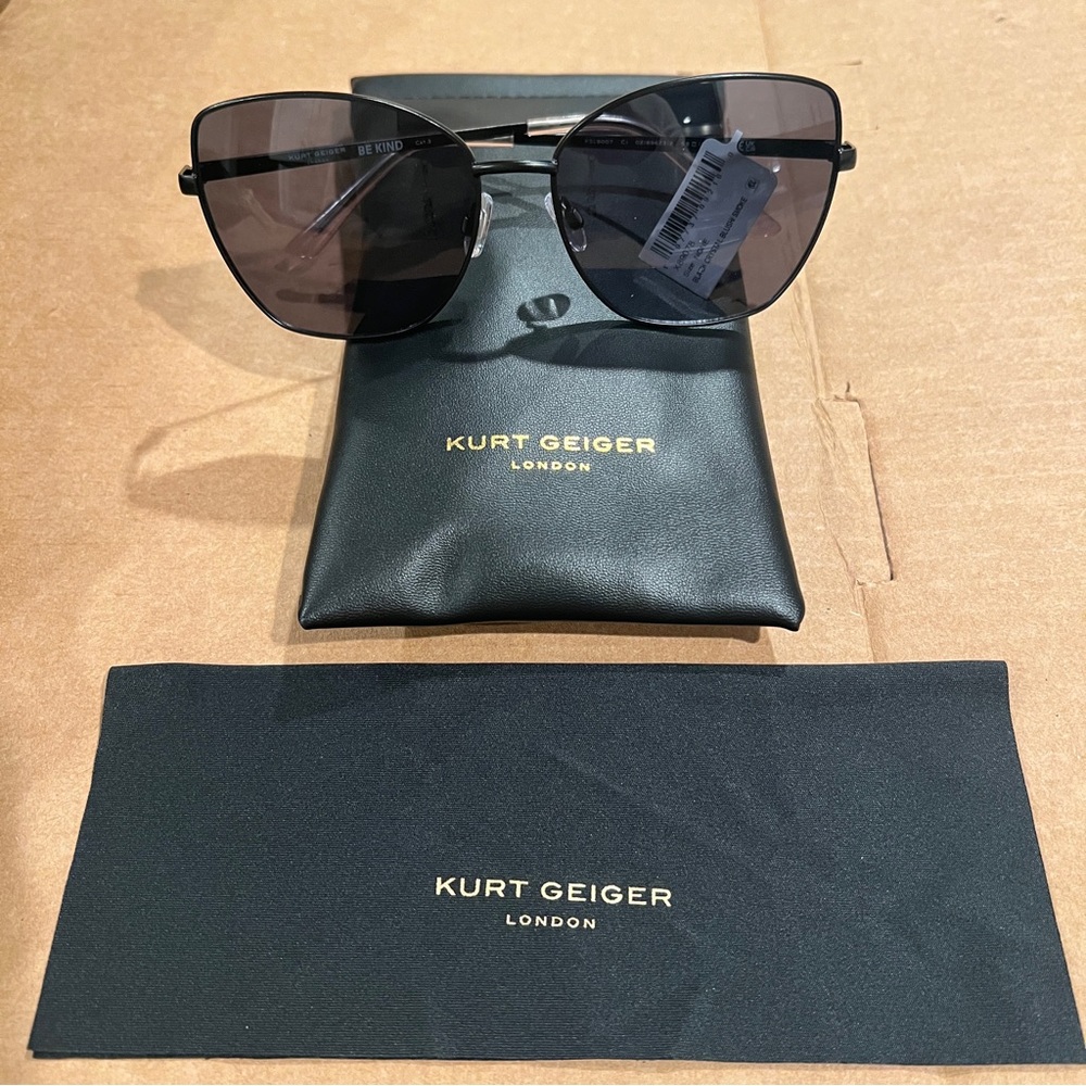 NWT Kurt Geiger London Black Sunglasses Logo Case and Cloth Included